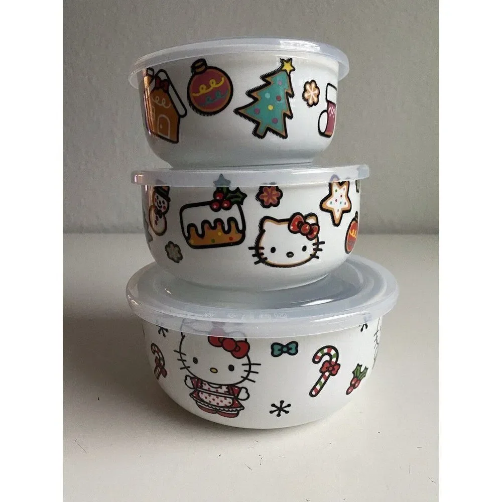 Set Of 3 Hello Kitty Christmas Pressure Lid Ceramic Food Storage Bowls Container